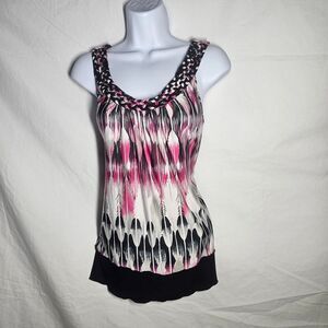 Vintage y2k pink black braided neckline patterned top